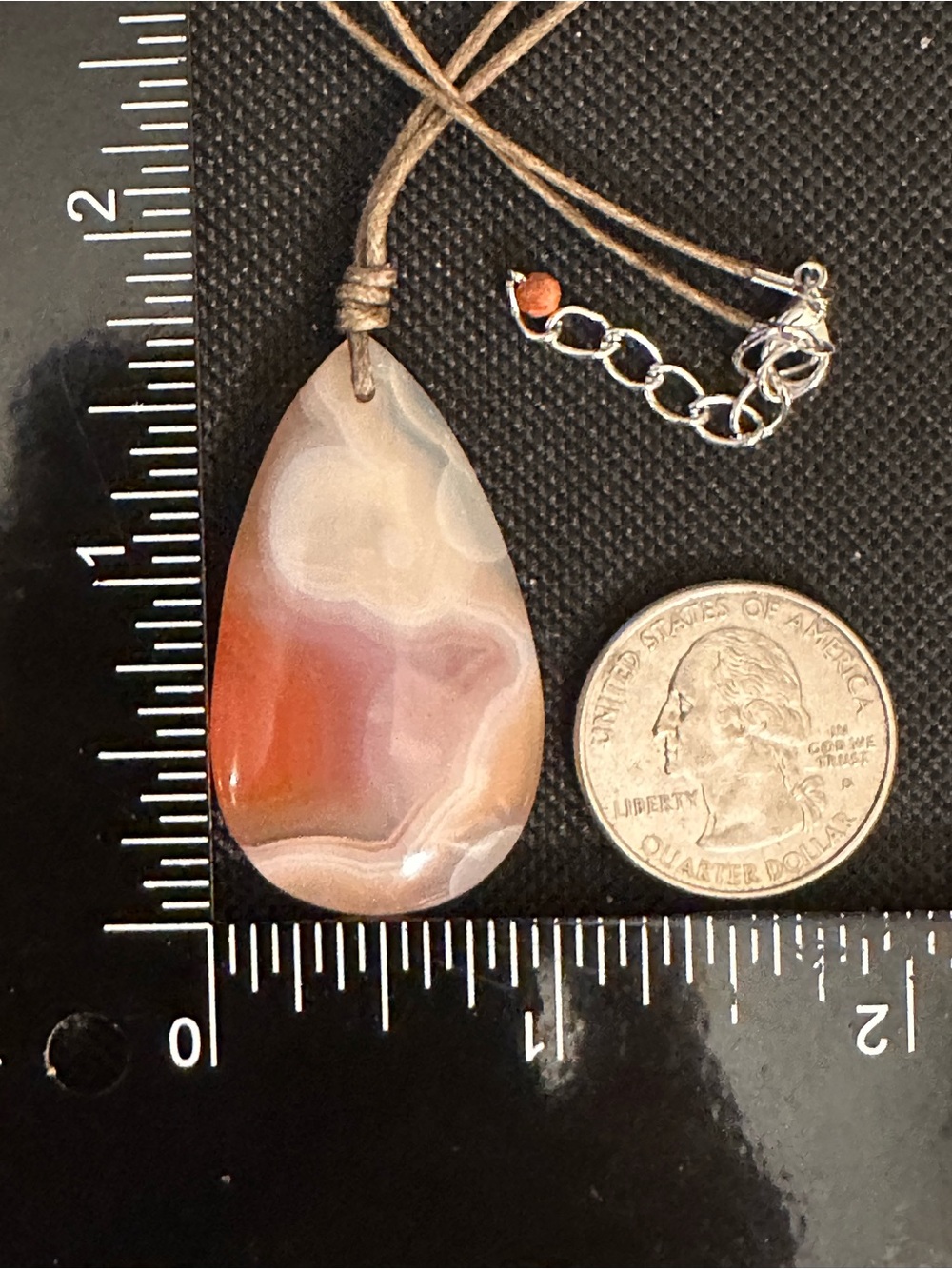 Coral Agate Teardrop Pendant Necklace on Thin Simple Tan Rope - Picture 13 of 14